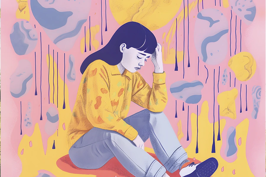 Una ilustración de una niña que experimenta ansiedad mientras está sentada en el suelo.
