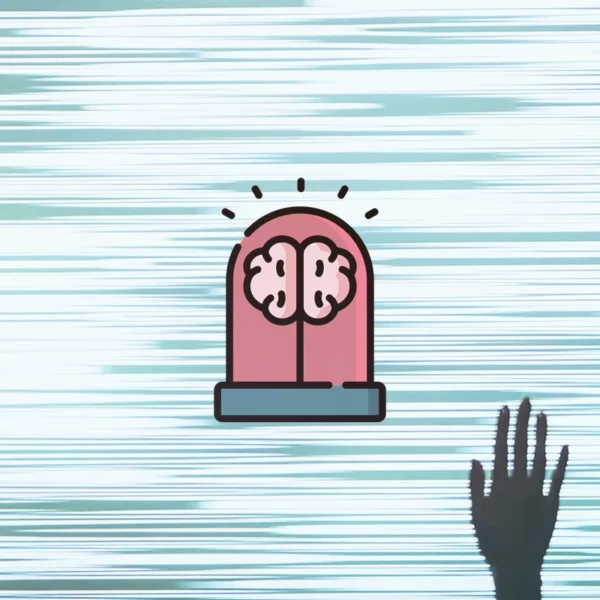 Una mano que se acerca a un ícono cerebral, que simboliza la conexión entre la conciencia sobre la salud mental y los ataques de pánico.