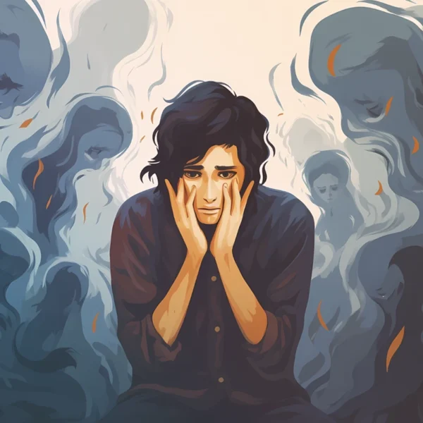 Un ilustrado aparece preocupado por Ansiedad Generalizada, rodeado de figuras fantasmales.