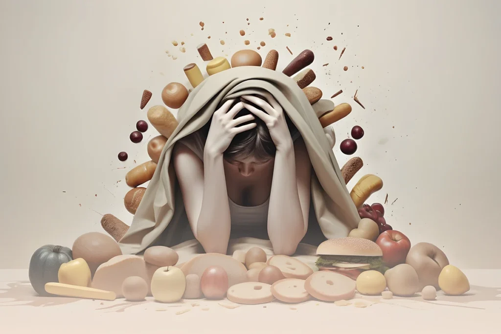 Una persona se sienta agachada bajo una manta rodeada de una abrumadora variedad de alimentos, lo que refleja una sensación de "ansiedad por la comida".