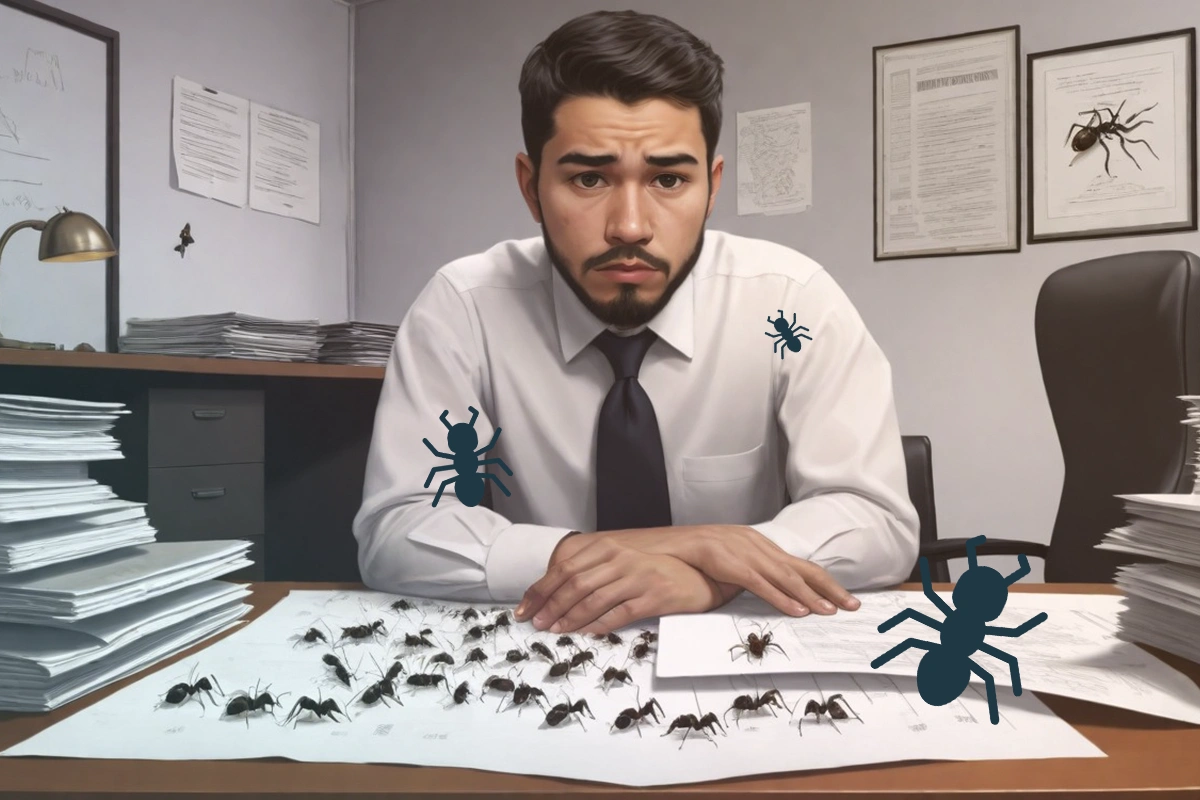 Un hombre aparece estresado por el hormigueo en su cuerpo debido a la ansiedad, mientras está rodeado de ilustraciones de insectos y sentado en un escritorio de