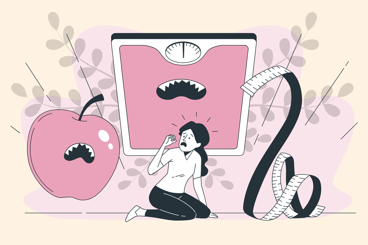 Ilustración de una mujer en el suelo comiendo una manzana, con una gran báscula y una cinta métrica al fondo, que simboliza preocupaciones sobre el peso, la dieta y la bulimia.