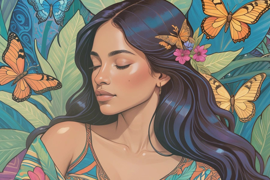 tratamiento-para-la-anorexia Una mujer con cabello largo y oscuro, adornada con flores, está rodeada de mariposas coloridas y hojas grandes en una ilustración vibrante con temática de la naturaleza, que evoca una serenidad similar al viaje de quienes buscan tratamiento para la anorexia.