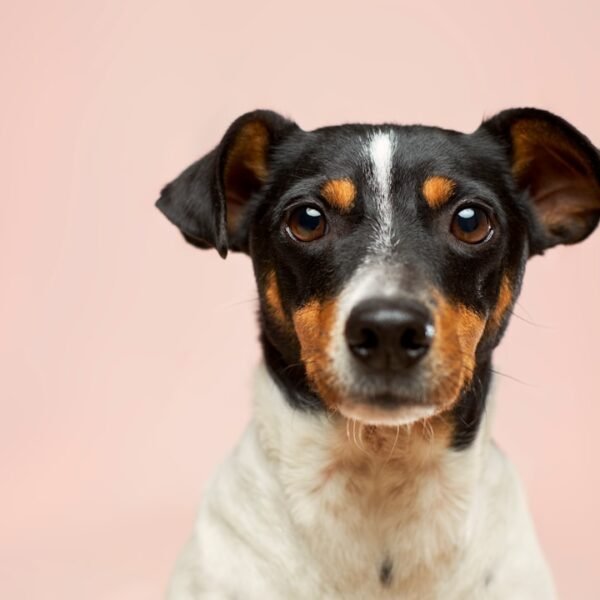 Un perro blanco y negro con marcas color canela mira directamente a la cámara, exudando una calma que brinda consuelo, casi un estrés postraumático relajante, sobre un fondo rosa suave.