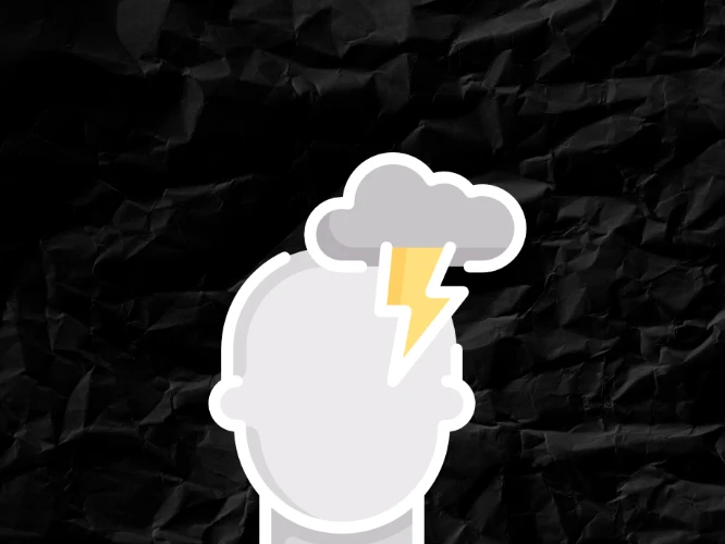 Ilustración de una silueta gris con una nube y un rayo sobre la cabeza, que simboliza el estrés fisiológico, sobre un fondo negro arrugado.
