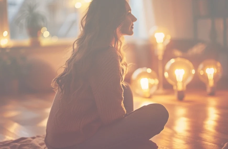 En una habitación cálidamente iluminada y llena del suave resplandor de las bombillas, una mujer de cabello largo se sienta en el suelo, su mente abraza poderosas "frases motivadoras" que elevan su "autoestima mujer", iluminando un mundo de confianza y fortaleza interior.