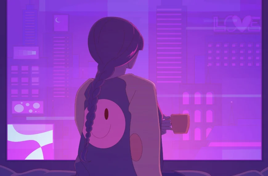 Una persona con una trenza larga, que viste una camiseta con una cara sonriente, sostiene una taza mientras mira por una ventana el horizonte de la ciudad iluminado de color violeta por la noche, y le resulta fácil relajarse.