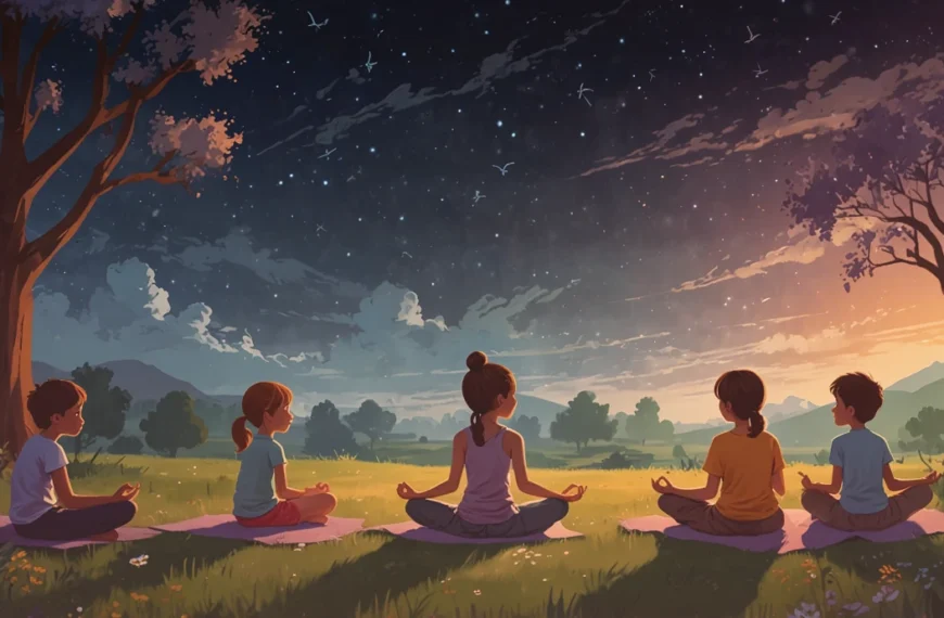 Cinco personas se sientan con las piernas cruzadas sobre esterillas en un campo de hierba bajo un cielo estrellado, meditando cerca de un árbol, abrazando la esencia calmante de la relajación infantil.