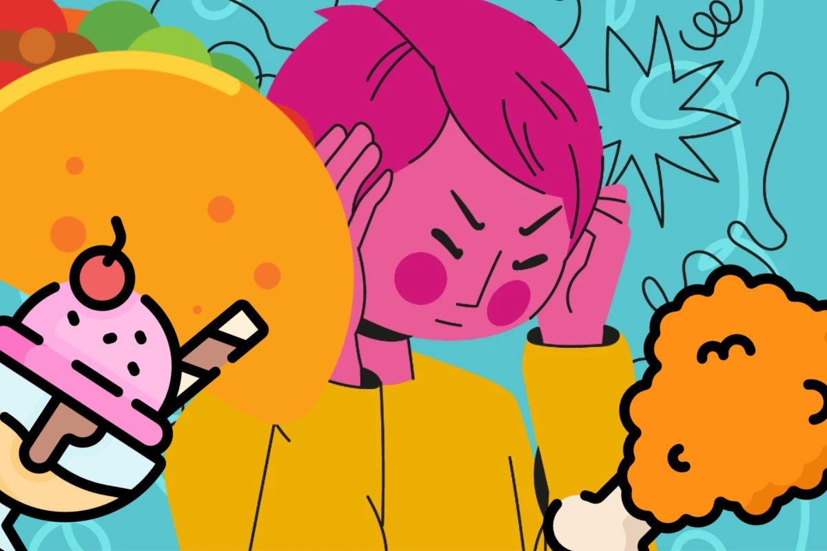 Ilustración de una persona con piel rosada y cabello cubriendo sus orejas, rodeada de helado, naranja y pollo frito, capturando la sensación de ansiedad de comer y sentirse abrumado.