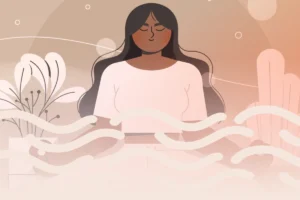 Una ilustración de una persona con cabello largo sentada con las piernas cruzadas y los ojos cerrados, rodeada de plantas abstractas y líneas onduladas, evocando calma o meditación: relájate tu lo necesitas.