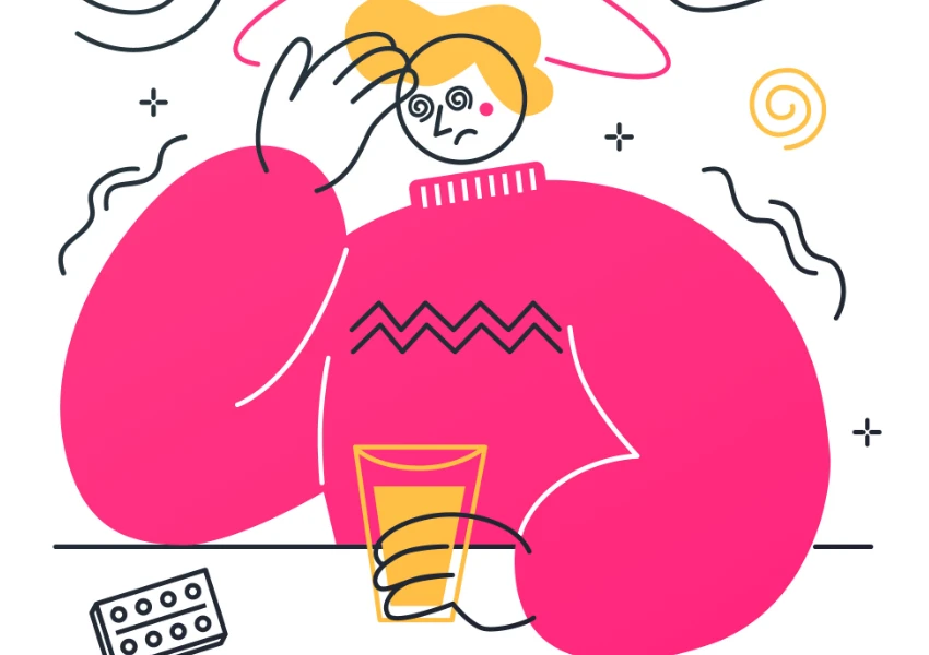 Ilustración de una persona con expresión mareada sosteniendo un vaso de agua, rodeada de medicamentos y líneas en espiral que representan la ansiedad que se siente durante el malestar o la enfermedad.