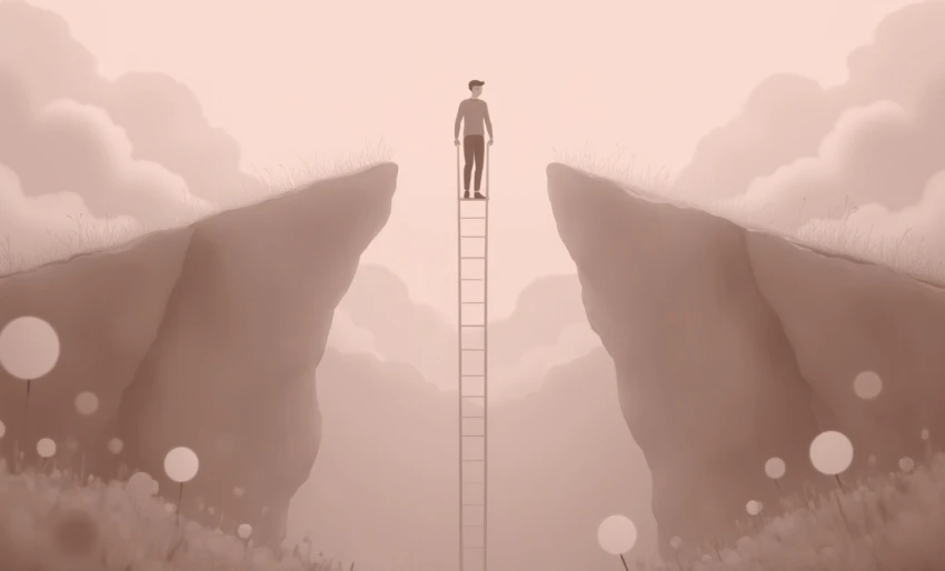 Una persona se encuentra en lo alto de una escalera que salva un desnivel entre dos acantilados, con nubes y flores de fondo, que simbolizan la superación de obstáculos como el estres oxidativo.