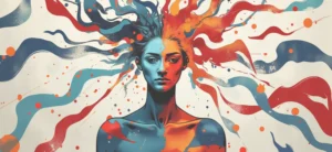 Una mujer ilustrada digitalmente con expresión tranquila se divide en tonos azules y naranjas, con coloridas cintas y salpicaduras de pintura que irradian de su cabeza, simbolizando cómo puedes mejorar tu autoestima a través de una vibrante autoexpresión.