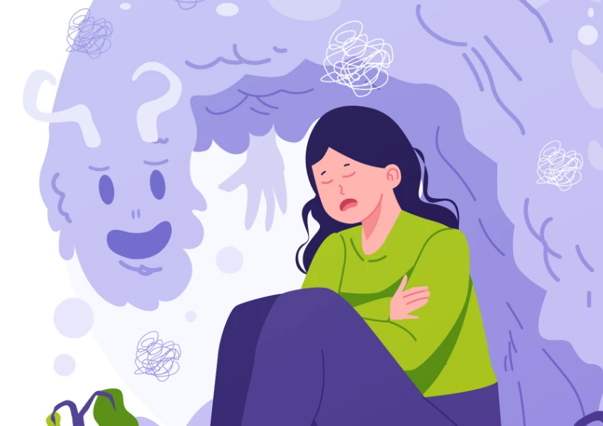 Una mujer está sentada con los brazos cruzados y los ojos cerrados, con aspecto angustiado, mientras una figura grande y fantasmal que representa el estres oxidativo se cierne tras ella con formas parecidas a garabatos que se arremolinan a su alrededor.