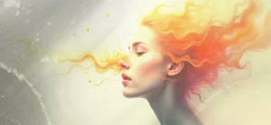 Una mujer con el pelo de color naranja y amarillo se muestra de perfil sobre un fondo pálido con efectos de pintura en remolino, capturando la esencia de vivir en el momento presente.