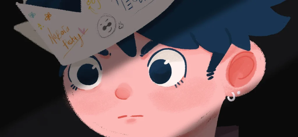 Ilustración de un niño de aspecto serio con el pelo azul que lleva un sombrero de papel decorado y un pequeño pendiente de aro, la luz ilumina parte de su rostro, captando el matizado viaje de la autoestima en adolescentes de secundaria.