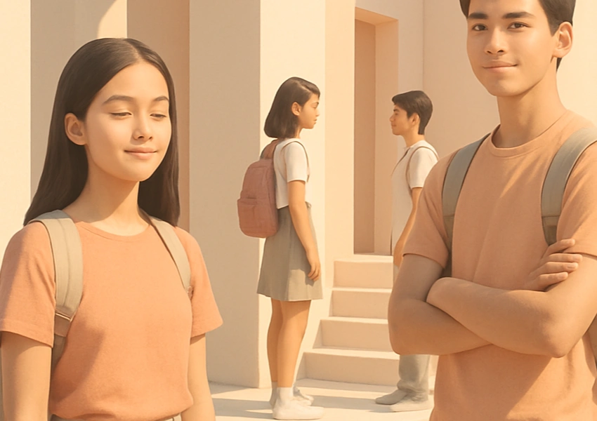 Cuatro adolescentes con ropa informal y mochilas permanecen de pie frente a un edificio de color claro con escalones, dos en primer plano y dos al fondo, capturando un momento que refleja la autoestima en adolescentes de secundaria.