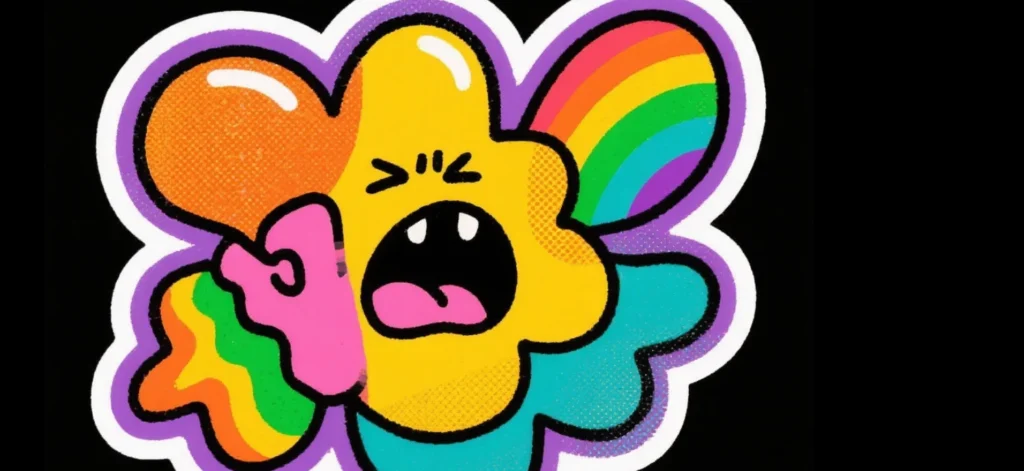 Una colorida flor de dibujos animados con pétalos de arco iris parece estar gritando o frustrada, mostrando signos de estres bueno y malo, sobre un fondo negro.