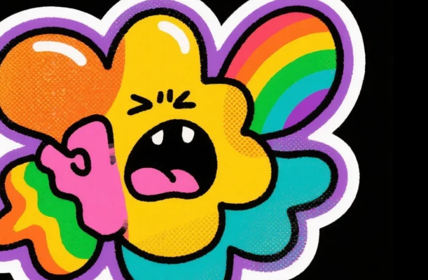 Una colorida flor de dibujos animados con pétalos de arco iris parece estar gritando o frustrada, mostrando signos de estres bueno y malo, sobre un fondo negro.