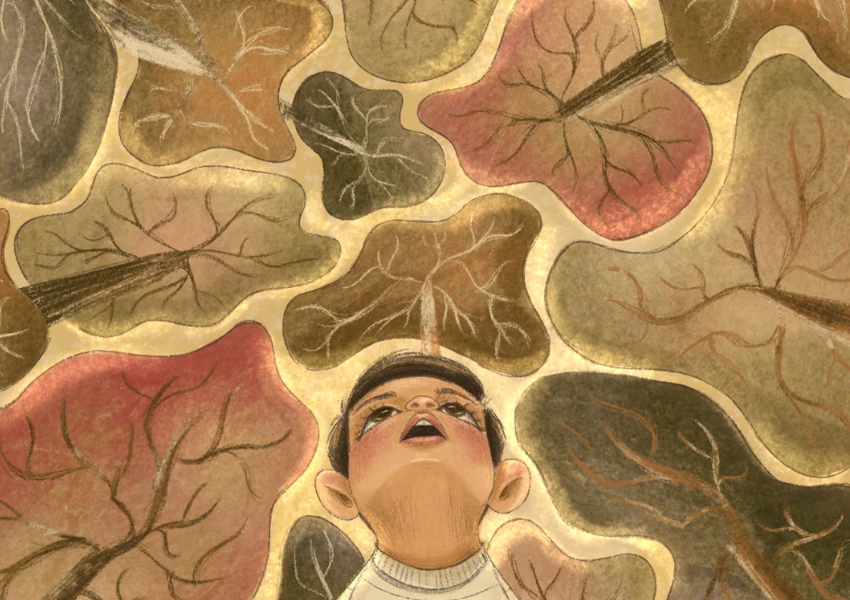 Una persona mira hacia arriba con la boca abierta, rodeada de grandes formas abstractas parecidas a árboles con dibujos de ramas en tonos terrosos, que reflejan el equilibrio entre estres bueno y malo que se encuentra en la naturaleza.