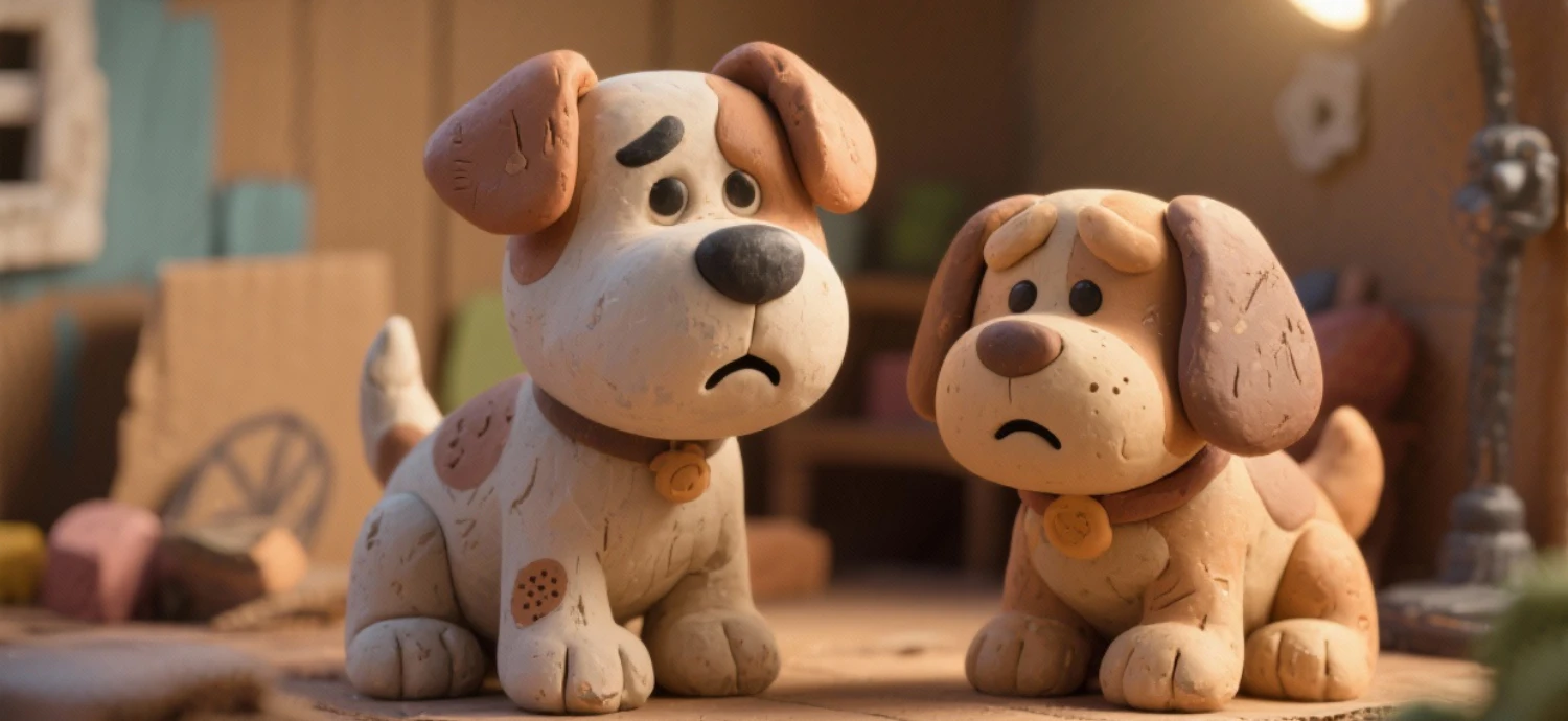 Dos perros de pelaje marrón y beige, al estilo de la plastilina, están sentados uno al lado del otro en el interior, ambos mirando hacia arriba con expresiones tristes, captando un momento que refleja estres en perros.