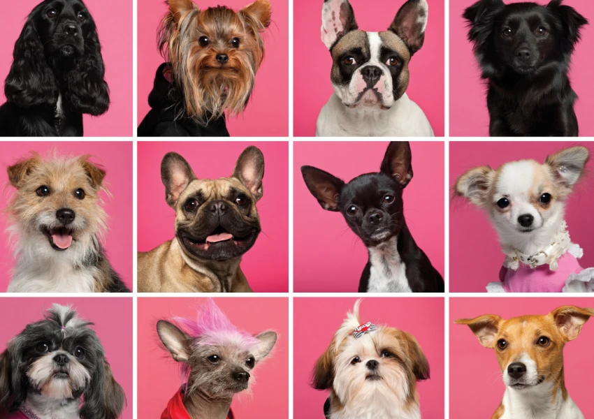 Una cuadrícula de doce perros diferentes sentados sobre un fondo rosa, cada uno mirando hacia delante y mostrando diversos tamaños, colores y razas, algunos mostrando sutiles signos de estrés en perros.