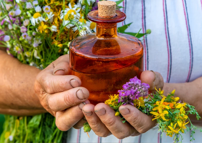 Una persona con las manos ligeramente sucias sostiene una botella de cristal marrón con tapón de corcho y un ramo de flores silvestres, evocando la relajacion y la aromaterapia, mientras viste una camisa blanca con rayas rojas.