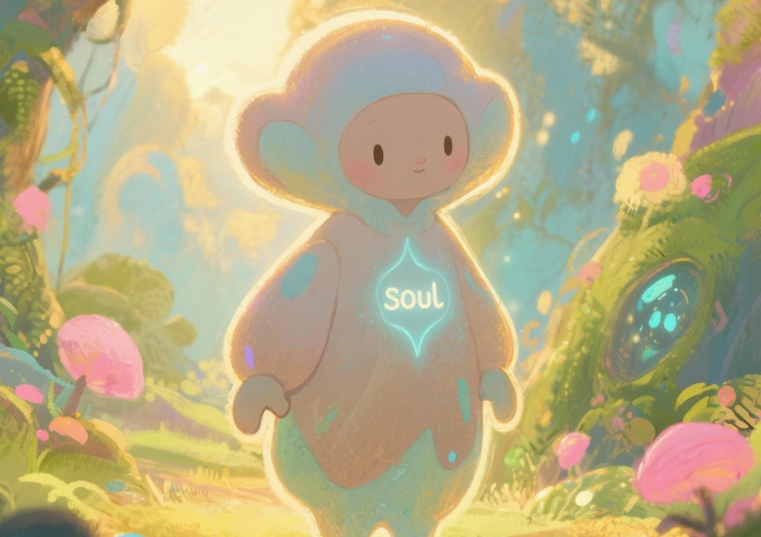 Un simpático personaje de dibujos animados vestido con un traje brillante etiquetado como "alma" se encuentra en un colorido y caprichoso bosque con plantas vibrantes, irradiando relajacion espiritual en medio de una suave iluminación.