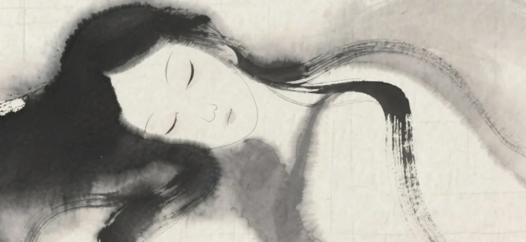 Pintura al lavado de tinta de una mujer con el pelo largo acostado, los ojos cerrados en la relajación hipnosis para dormir, representado en suave, que fluye pinceladas sobre un fondo de textura ligera.