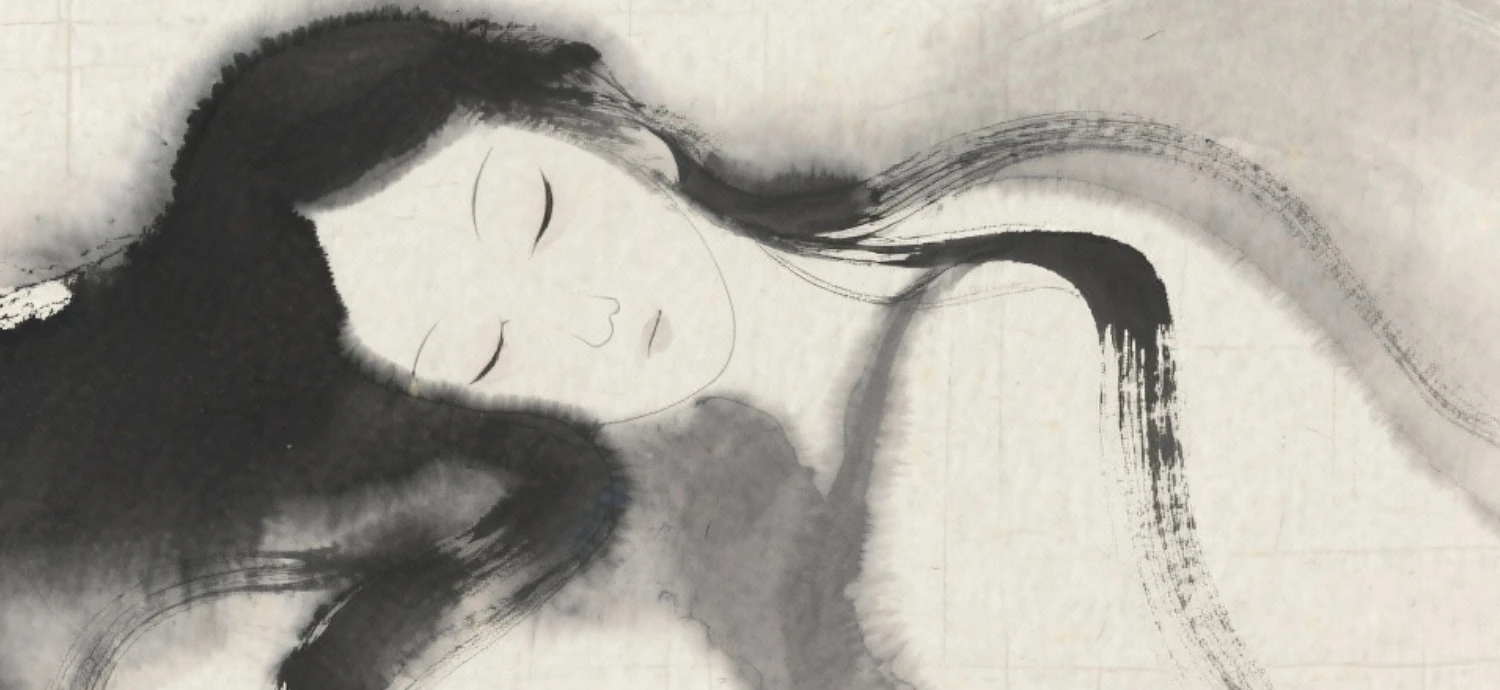 Pintura al lavado de tinta de una mujer con el pelo largo acostado, los ojos cerrados en la relajación hipnosis para dormir, representado en suave, que fluye pinceladas sobre un fondo de textura ligera.