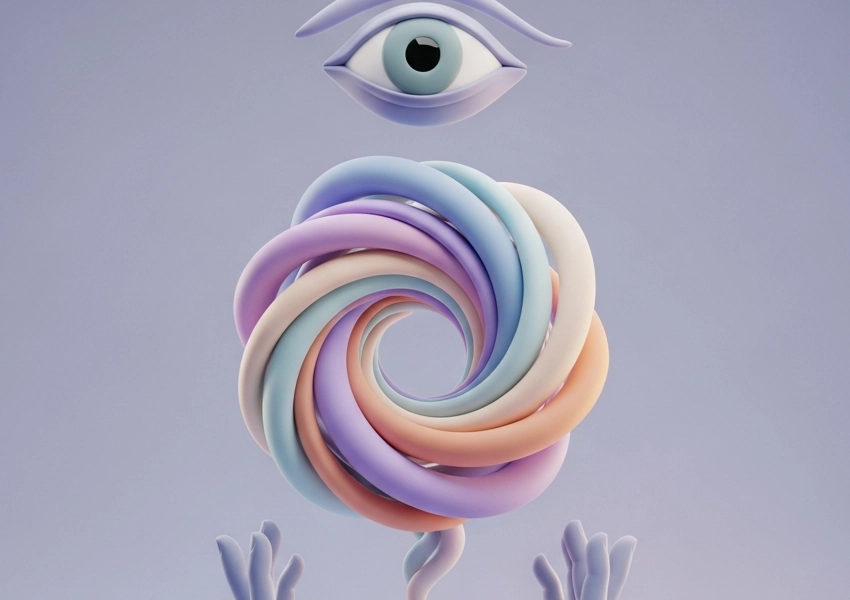 Una imagen surrealista con una espiral abstracta de colores pastel -que evoca relajacion hipnosis para dormir- con un ojo arriba y dos manos abajo, todo ello sobre un fondo morado claro.