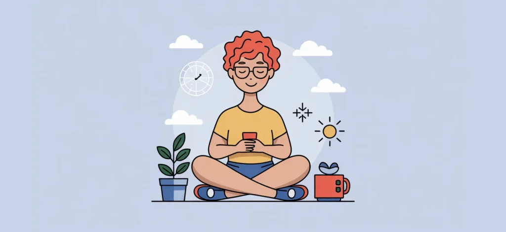 Persona de dibujos animados con gafas sentada con las piernas cruzadas usando un teléfono, rodeada de una planta, una taza, un reloj, el sol y nubes sobre un fondo azul claro, perfecto para aprender cómo relajarse en 5 minutos.