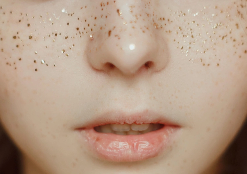 Primer plano del rostro de una persona que muestra la piel pecosa -sintomas en la piel- adornada con purpurina dorada en las mejillas y la nariz, y los labios brillantes ligeramente entreabiertos.